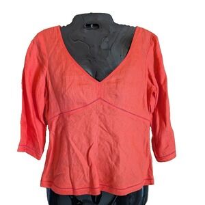 Women ANN TAYLOR Irish Linen Top 2P Orange Red 3/4 Sleeve Babydoll Waist Classic